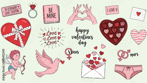 Valentine's Day illustration featuring hearts, doves, and lingerie in a playful digital art style from a straightforward viewpoint