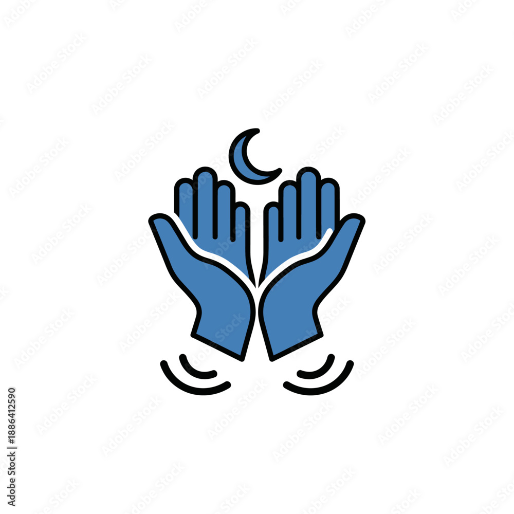 Obraz premium Icon of Praying Hands with a Crescent Moon Symbolizing Islamic Prayer and Devotion, isolated white background