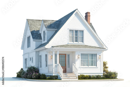 White clapboard two story house with dormer windows and brick chimney home exterior