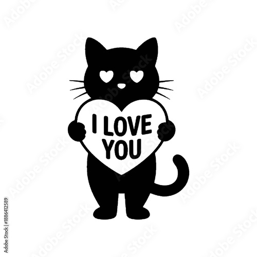 Cute black cat holding i love you heart silhouette
