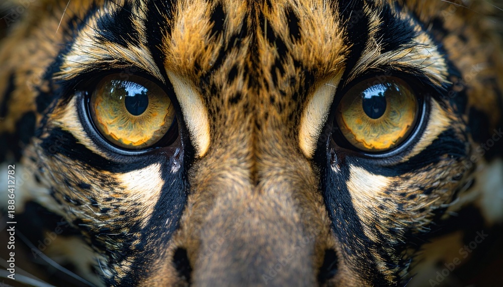 Obraz premium Close-up portrait of intense jaguar eyes in wild natural habitat with golden lighting