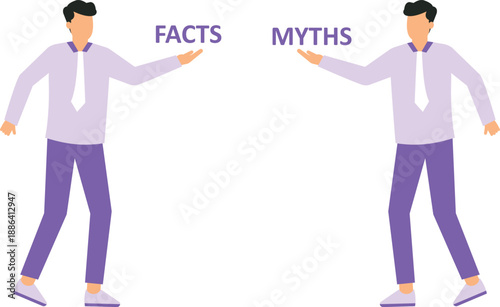 Myths vs Facts and true or false information, fake news or fictional, reality versus mythology knowledge concept, confused and doubtful businessman thinking with curiosity compare between facts or myt