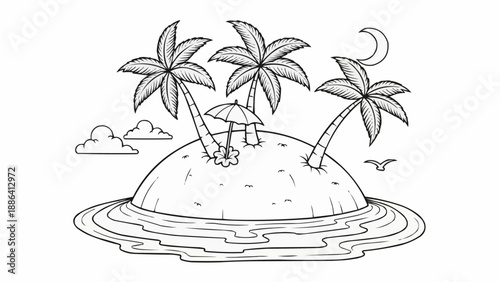 Tropical island with palm trees and crescent moon illustration.