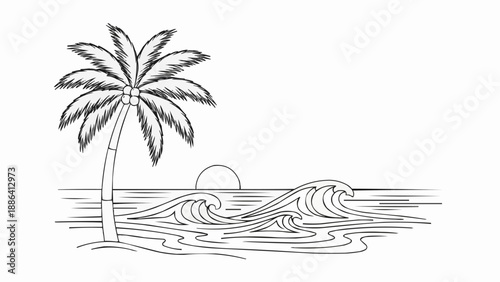 Palm tree on a beach with ocean waves and sunset illustration.