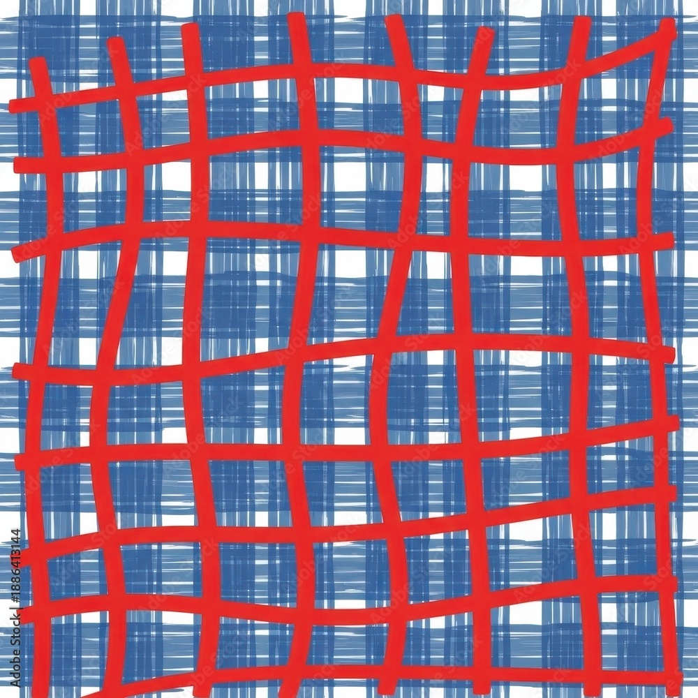Obraz premium Abstract Red Grid Overlay on Blue Plaid Pattern.