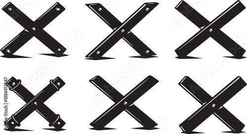 Black metal folding stands in various positions isolated white