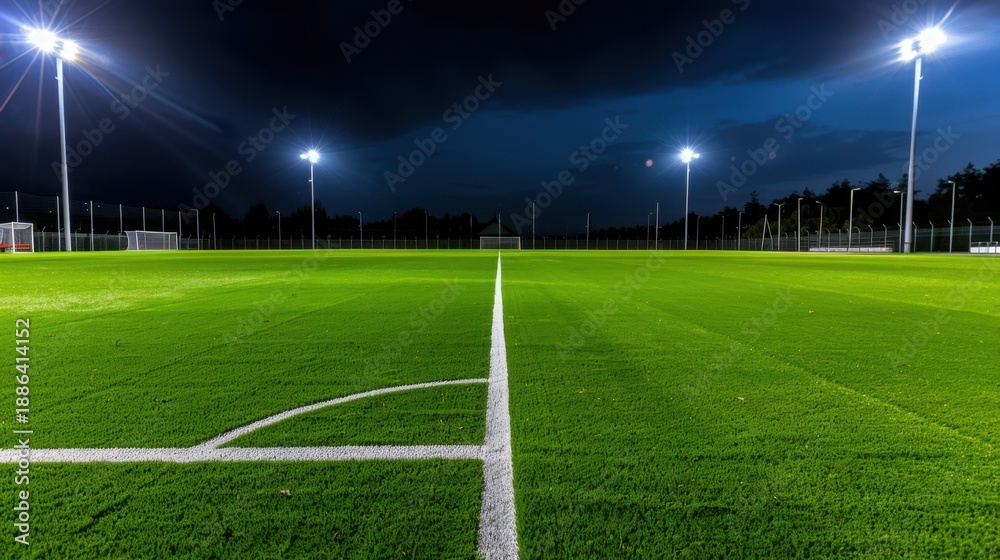 Fototapeta premium Illuminated Artificial Turf Soccer Field Under Night Sky with Floodlights and Clear Horizon