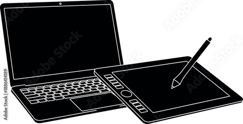 Laptop computer and graphics tablet with stylus for digital art