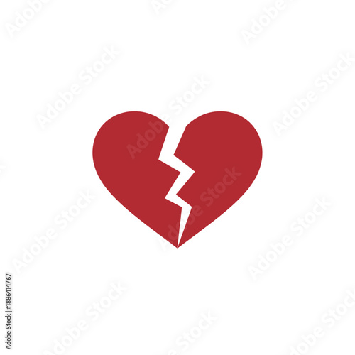 Symbolic broken red heart icon, representing heartbreak, sadness, and separation on an isolated white background.