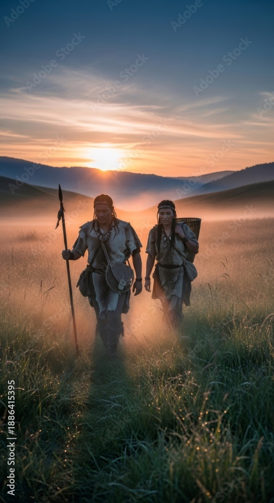 Fototapeta premium Man and woman in primitive clothing walking through misty grass field at sunrise. Ancient tribal life, early civilization and human history.