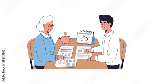 Elderly woman and young man sitting at a table, reviewing documents together in a collaborative discussion