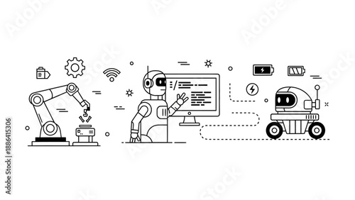 Robotic arm programming and autonomous robot illustration.