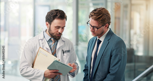 Foto Doctor, businessman or tablet with discussion in clinic for appeal process, clarify billing info or claim