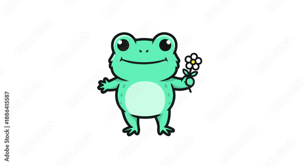 Fototapeta premium Cartoon frog holding flower on white