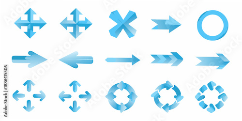 Collection of blue arrow and circular shape icons in various styles