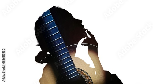 Double exposure of woman silhouette with acoustic guitar. The concept of art, music and inspiration