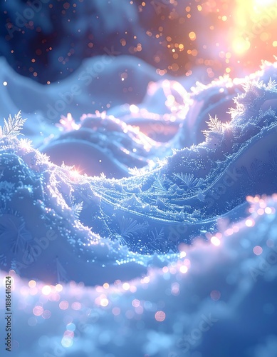 Soft, abstract snowy landscape with gentle, curved ridges and sparkling light, invoking a winter wonderland feel