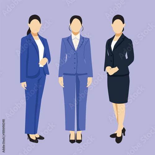 Professional businesswoman illustration set showing confident female office characters in formal work outfits for corporate, presentation, and career concepts.