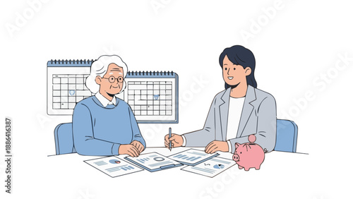 Financial Planning Session with Elderly Client and Financial Advisor Reviewing Documents and Savings Plan