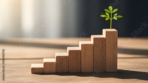 Green plant grows on wooden block stairs symbolizing sustainable business growth and career progress