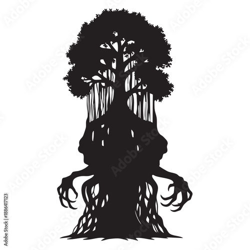 Silhouette of a spooky gnarled tree with roots and hanging vines representing a haunted forest or a dark fantasy concept isolated on white