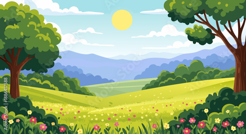 Bright and cheerful spring landscape vector illustration featuring green rolling hills, flowering meadows, blue sky, and a warm yellow sun, depicting a serene natural environment