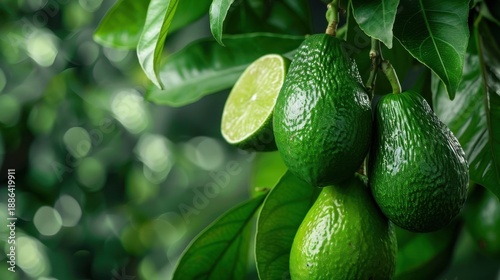 Wallpaper Mural Fresh Avocados Hanging on a Tree with Soft Natural Green Background and Brightly Lit Leaves Torontodigital.ca