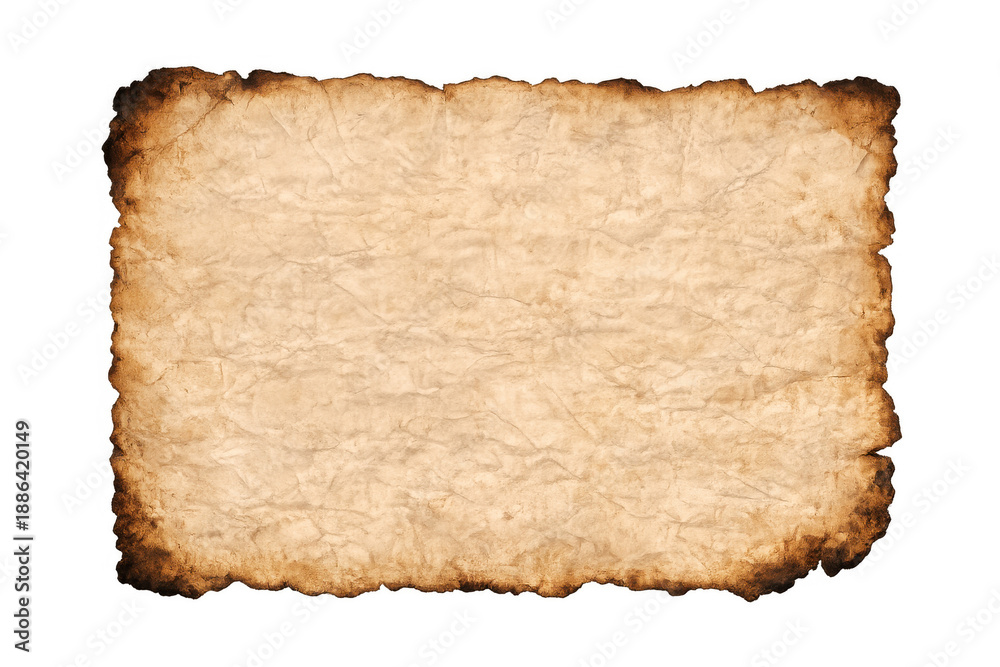 Fototapeta premium Wrinkled vintage parchment with burnt, scorched edges, displaying old paper texture, isolated on transparent background