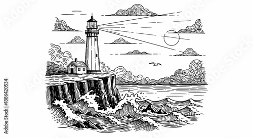 Vintage engraving illustration of a lighthouse on rugged coastal cliffs with stormy seas and crashing waves under a dramatic sky.