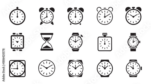 Collection of clock icons for time telling and measurement in various styles vector art