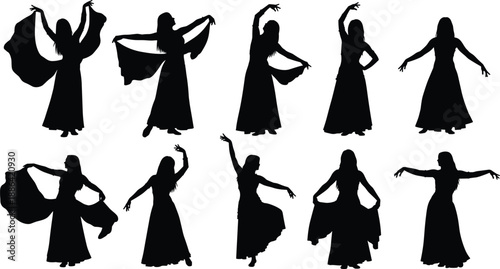 Set of Belly Dancers in Graceful Poses with Veils and Traditional Outfits for Middle Eastern Culture and Oriental Dance Designs