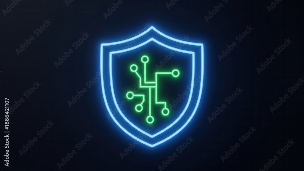 Obraz premium Glowing neon shield icon representing advanced digital security and network protection solutions