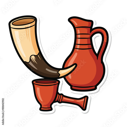 Drinking Horn and Clay Jug Illustration.