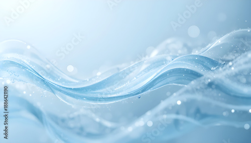 Abstract flowing waves of light blue liquid with sparkling bubbles and bokeh effect, conveying fluidity and serenity