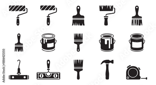 Set of vector illustrations of various paint tools including rollers, brushes, and cans of paint