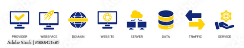 Web Hosting Solid Blue Yellow Color Icon Set For Web Banner. Vector Illustration Concept With Some Icons. Designed In Solid Blue Yellow Color Style
