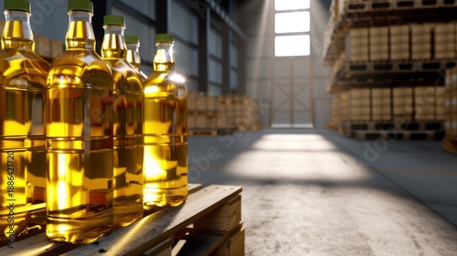 Wallpaper Mural Brightly Lit Warehouse with Bottles of Cooking Oil on a Wooden Pallet in the Foreground and Shelves in Background Torontodigital.ca