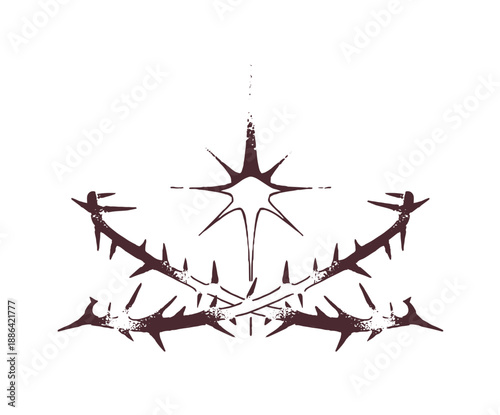 Bohemian sketch of crown of thorns with esoteric star. Tattoo of Christian faith in dotwork style. Retro tatto of barbed wire with spikes. Hand drawn outline isolated vector illustration on white