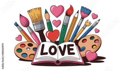 Creative art supplies collection with open book and vibrant paint brushes for artistic love and hobby design