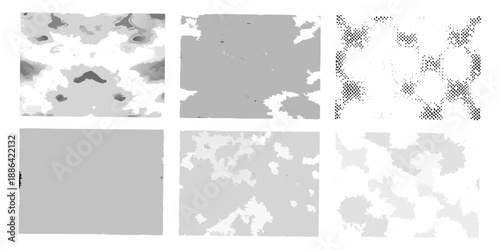 Abstract arrangement of six grayscale square images with varying patterns and tones