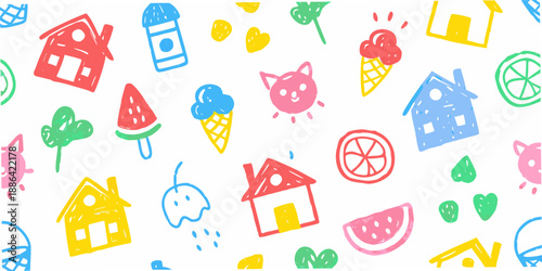Colorful childlike drawings of houses fruits and sweet treats on a white background