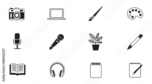 Creative tools and hobbies icon set for art, music, writing, and digital media in a simple black and white style
