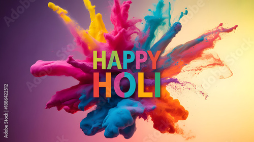 Happy Holi text integrated with colorful smoke and powder explosions in pink, yellow, blue, and green against a bright background, celebrating Indian festival.