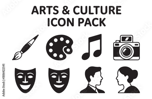 Arts culture icon pack set with brush palette music note camera theater masks person profile head silhouette