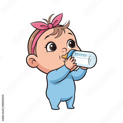 Cute baby girl drinking milk from bottle cartoon vector illustration