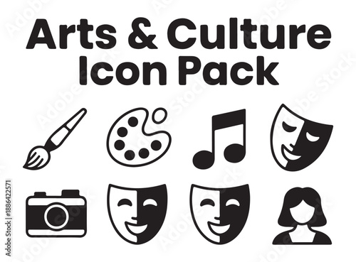 Arts culture icon pack set with brush palette music note camera theater masks person profile head silhouette