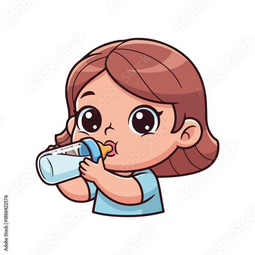 Cute Baby Girl Drinking Milk from Baby Bottle Cartoon Character
