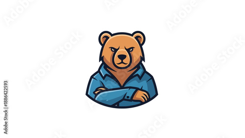 Cartoon Bear Wearing Blue Shirt Arms Crossed.