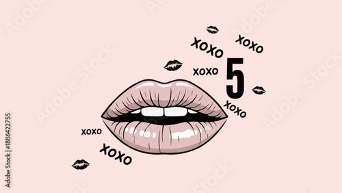Open Lips with XOXO Symbols and Number Five.