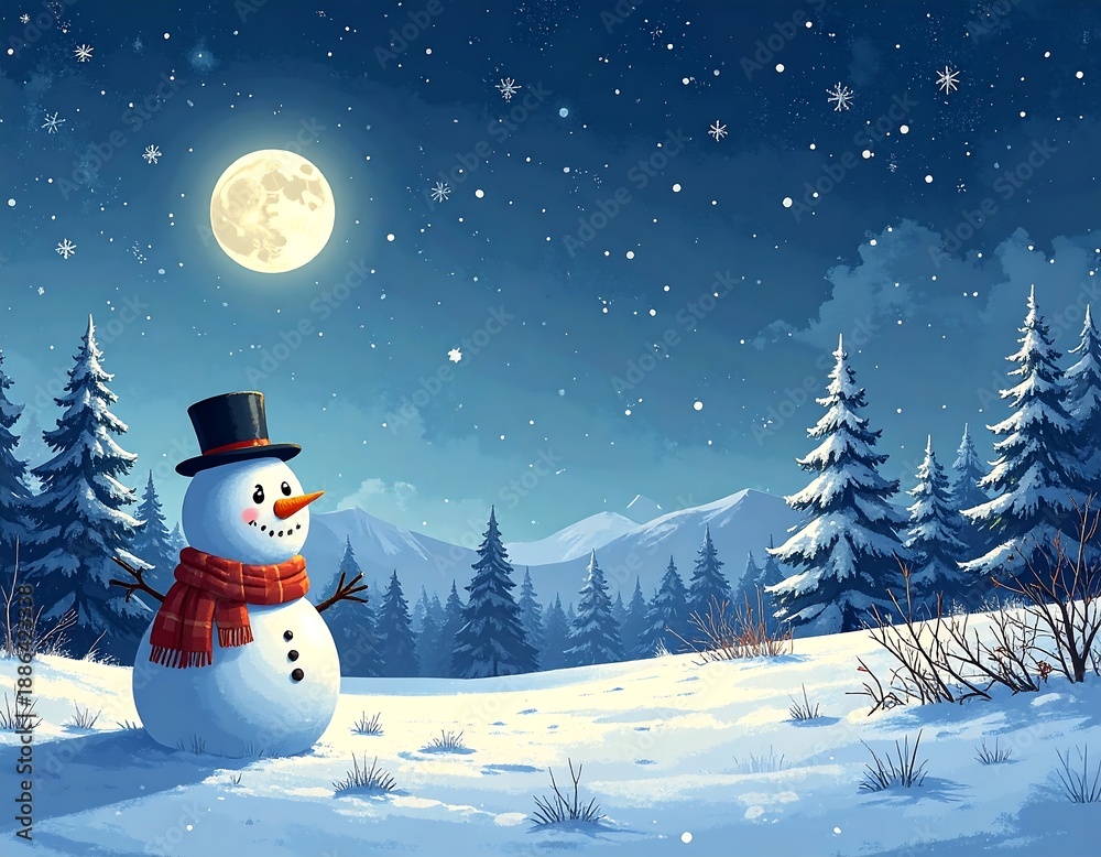 Obraz premium Snowman smiling in winter night. Moon shining, trees stand. Beautiful peaceful scene, gently falling snow